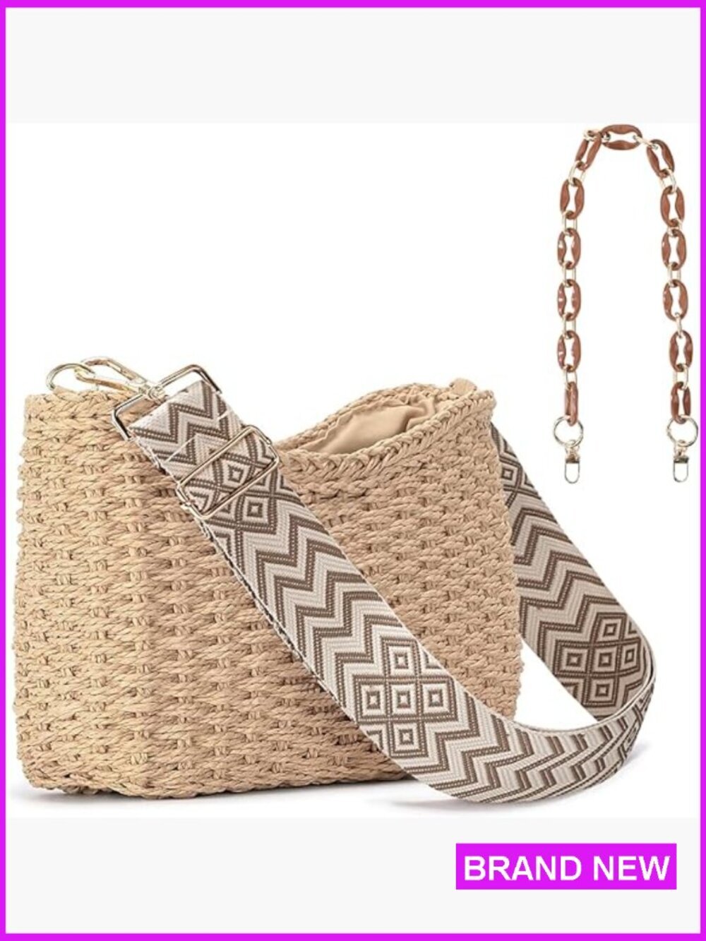 Handwoven Straw Crossbody Bag - Boho Summer Shoulder Purse with Adjustable Strap